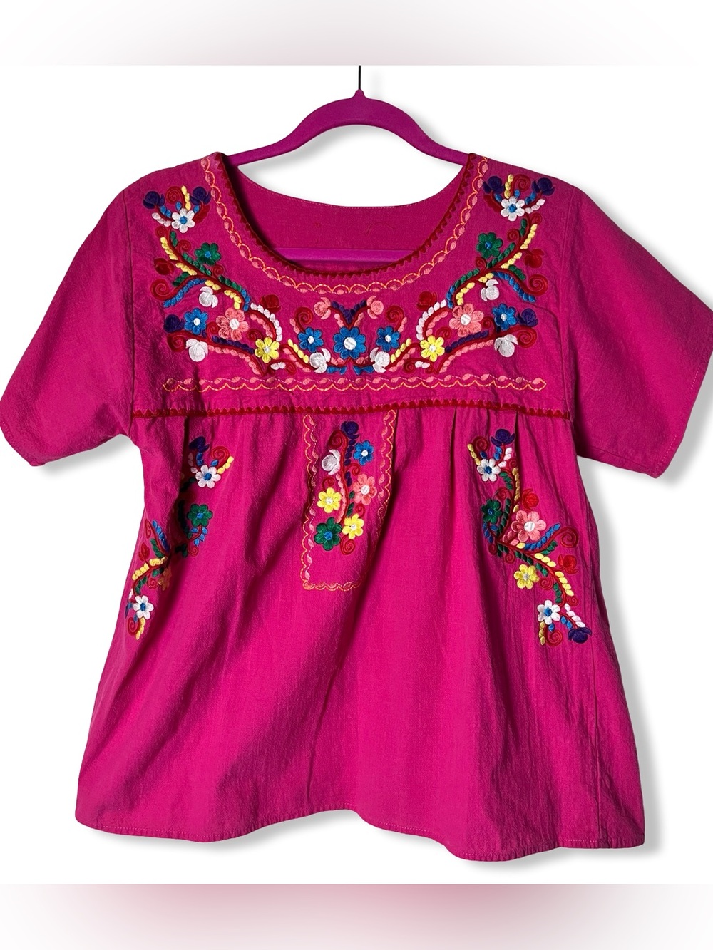 Women’s Cotton Mexican Embroidered Peasant Blouse Pink Floral Boho Folk Top Sz S